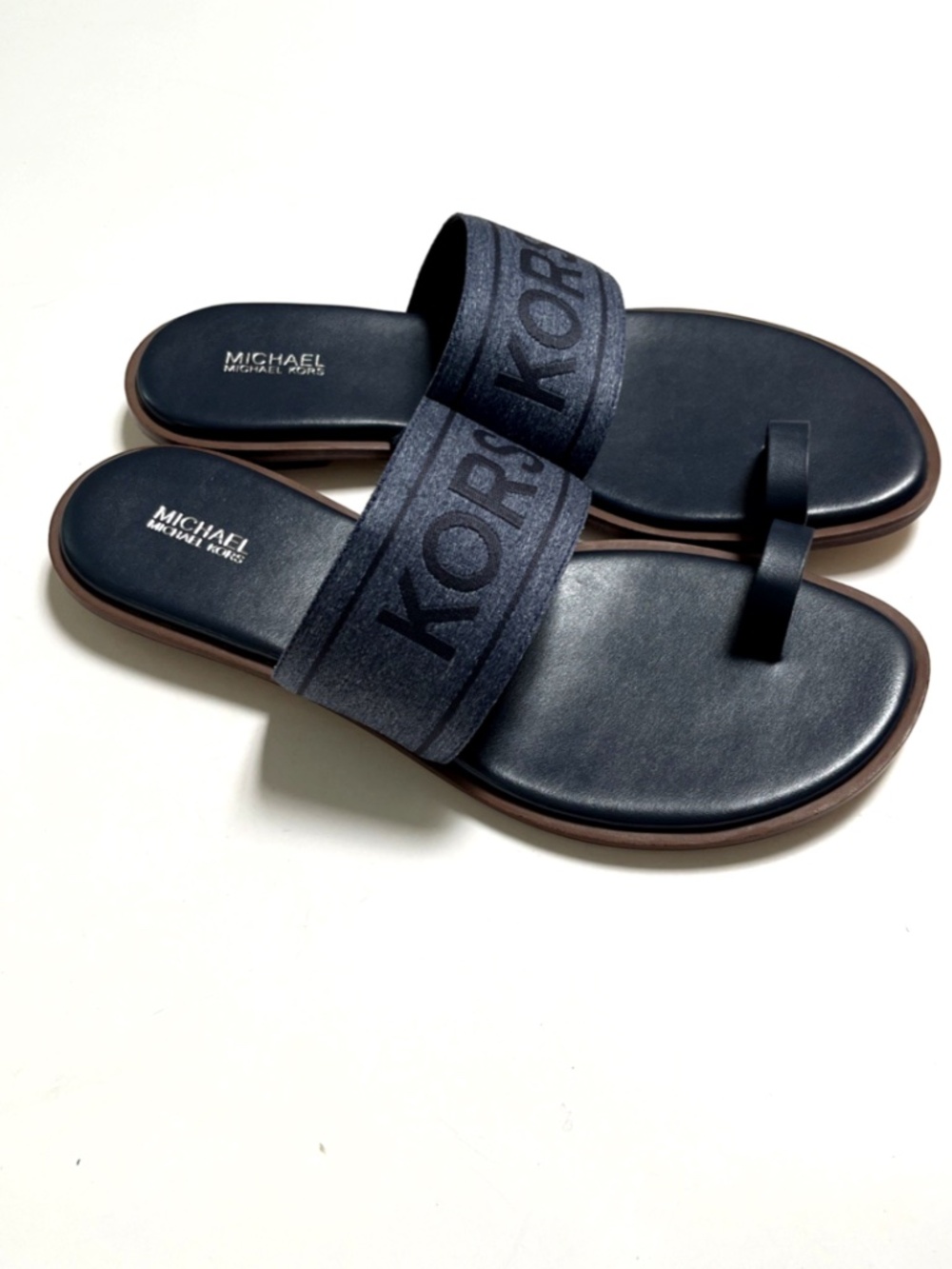 Michael Kors Toe Ring Slide Sandals Navy Blue Logo Flat Slides Size 10 NWOB - Picture 4 of 9